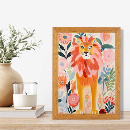 Modern Illustration Pink, Colourful Lion Nursery Art Print | Wall Art Plaza