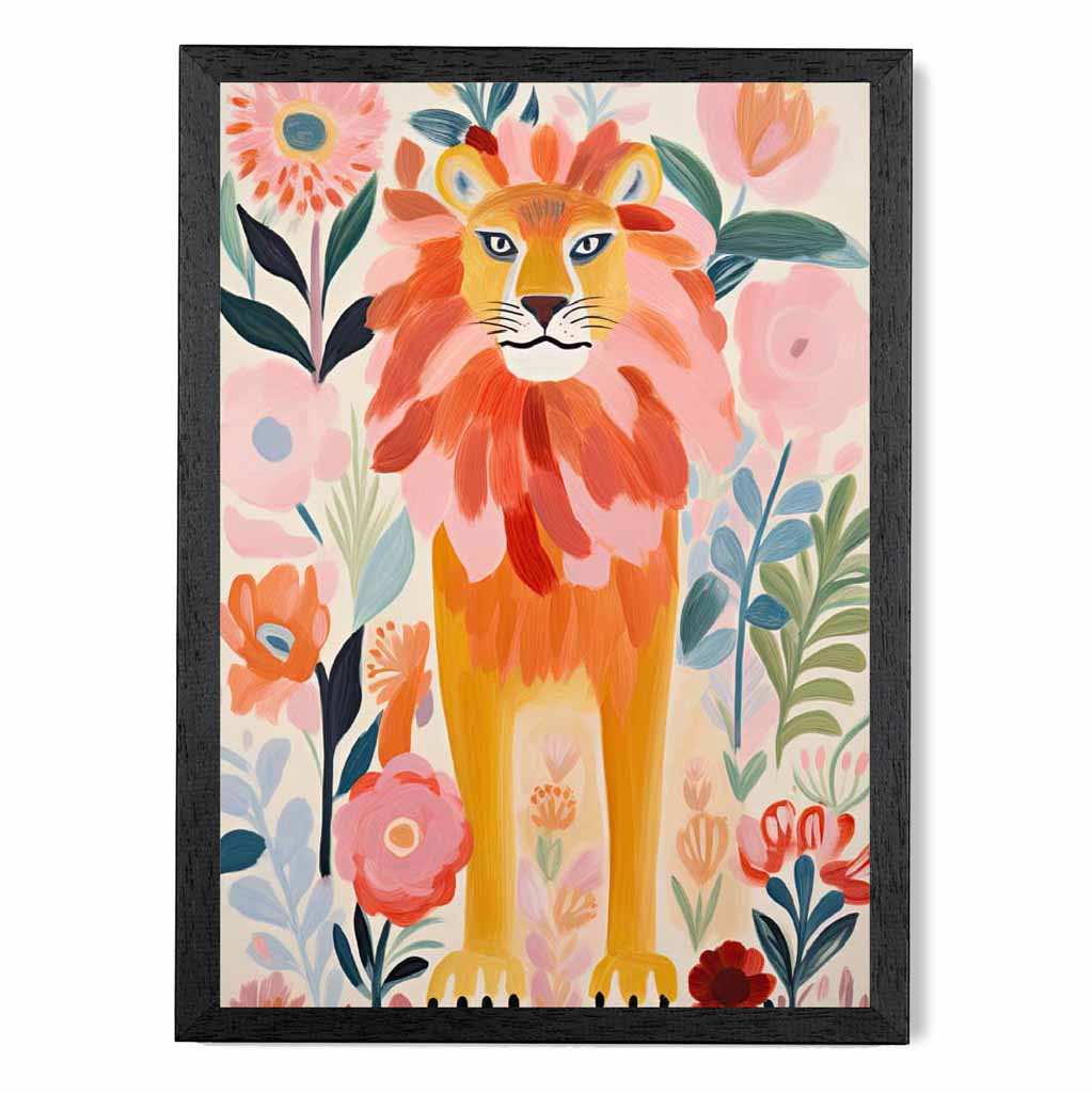 Modern Illustration Pink, Colourful Lion Nursery Art Print | Wall Art Plaza