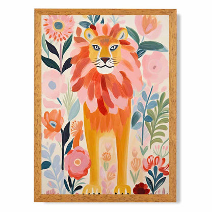 Modern Illustration Pink, Colourful Lion Nursery Art Print | Wall Art Plaza