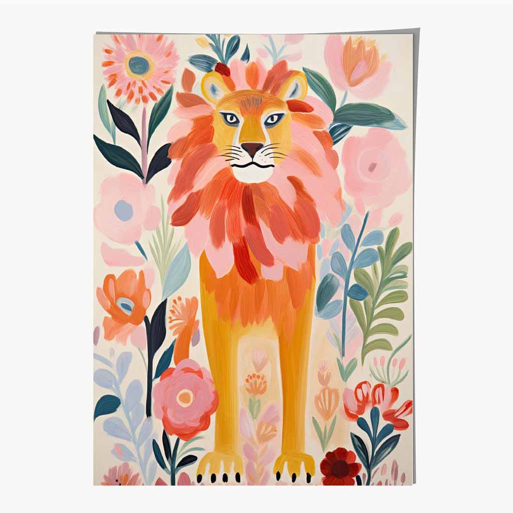 Modern Illustration Pink, Colourful Lion Nursery Art Print | Wall Art Plaza