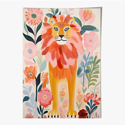 Modern Illustration Pink, Colourful Lion Nursery Art Print | Wall Art Plaza