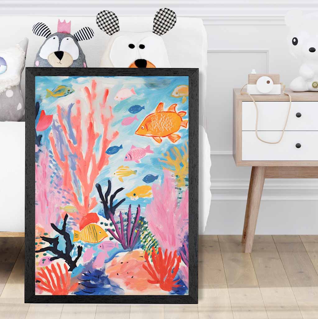 Modern Illustration Pink, Colourful Underwater No 1 Nursery Art Poster | Wall Art Plaza