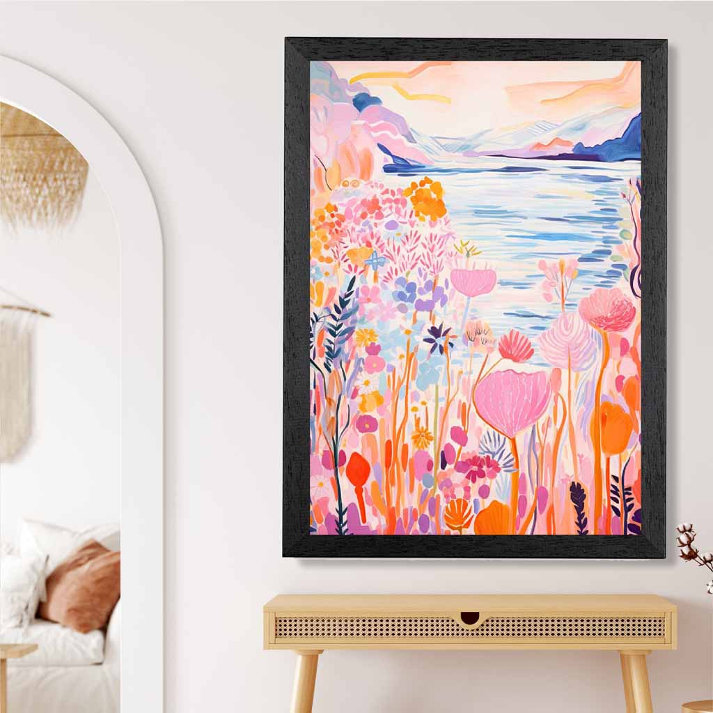 Quirky Modern Pink, Colourful Coastal Scene  Art Poster | Wall Art Plaza