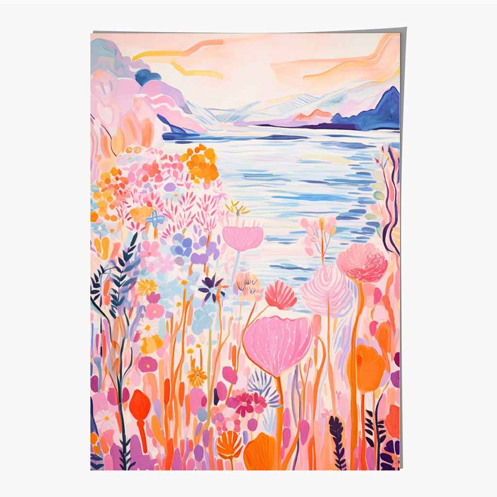 Quirky Modern Pink, Colourful Coastal Scene  Art Poster | Wall Art Plaza