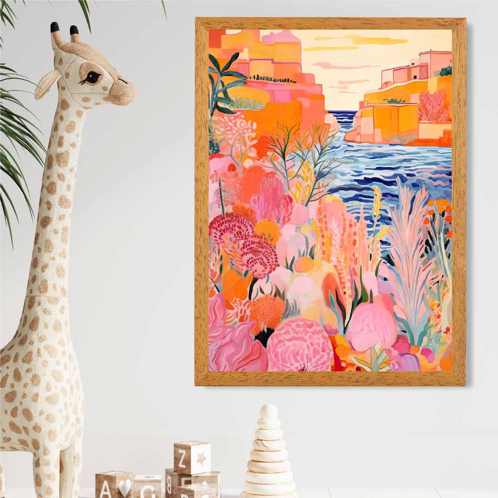 Quirky Modern Pink, Colourful Island Scene  Art Print | Wall Art Plaza