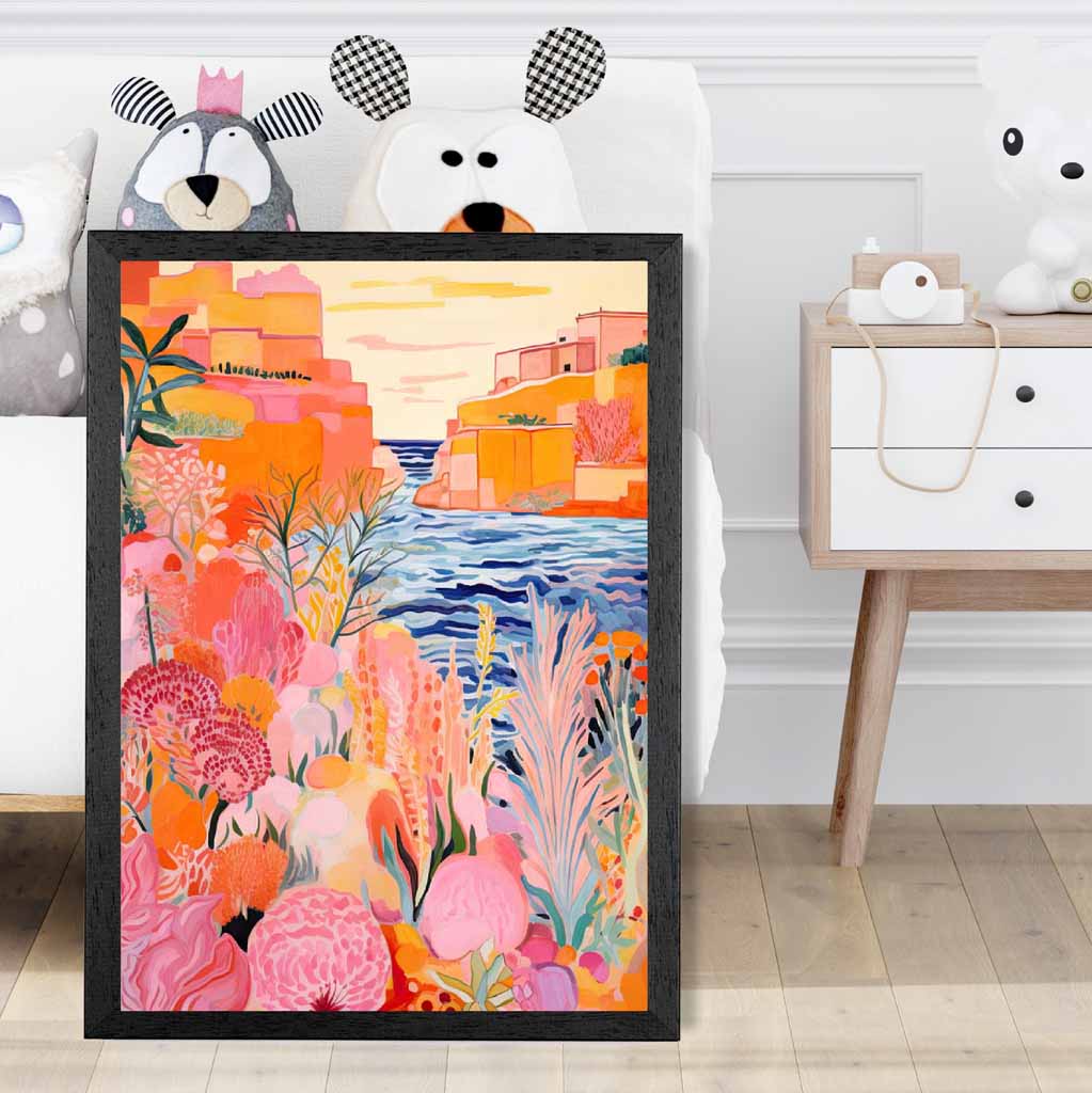 Quirky Modern Pink, Colourful Island Scene  Art Print | Wall Art Plaza