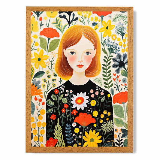 Quirky Bright Yellow, Red Flower Girl No 1  Art Print | Wall Art Plaza