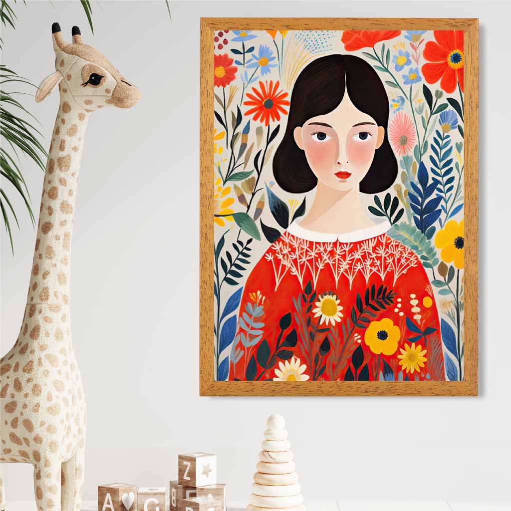 Quirky Bright Yellow, Red Flower Girl No 2  Art Poster | Wall Art Plaza