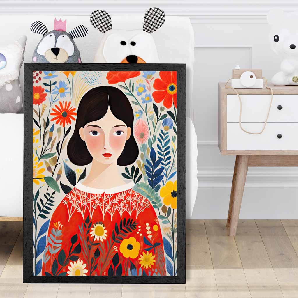 Quirky Bright Yellow, Red Flower Girl No 2  Art Poster | Wall Art Plaza