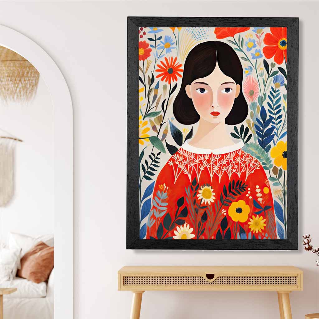 Quirky Bright Yellow, Red Flower Girl No 2  Art Poster | Wall Art Plaza