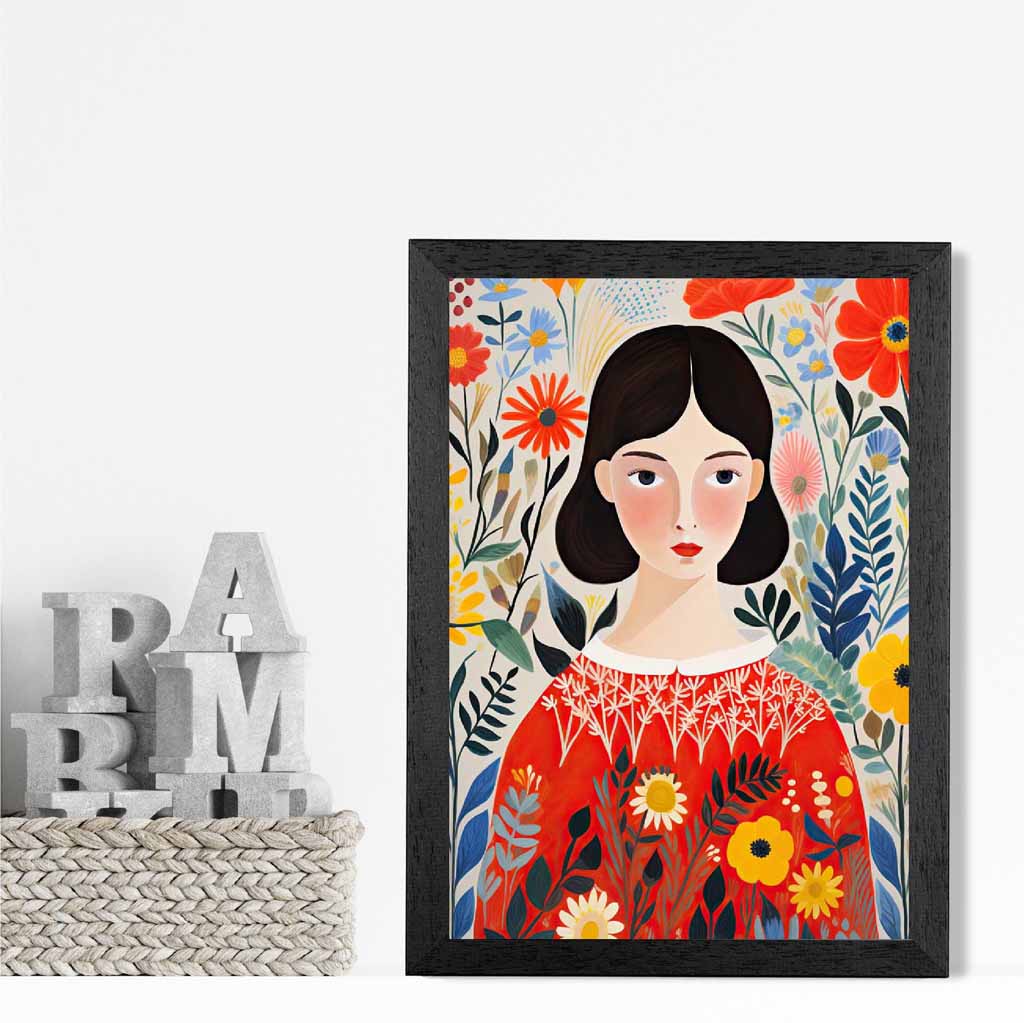 Quirky Bright Yellow, Red Flower Girl No 2  Art Poster | Wall Art Plaza