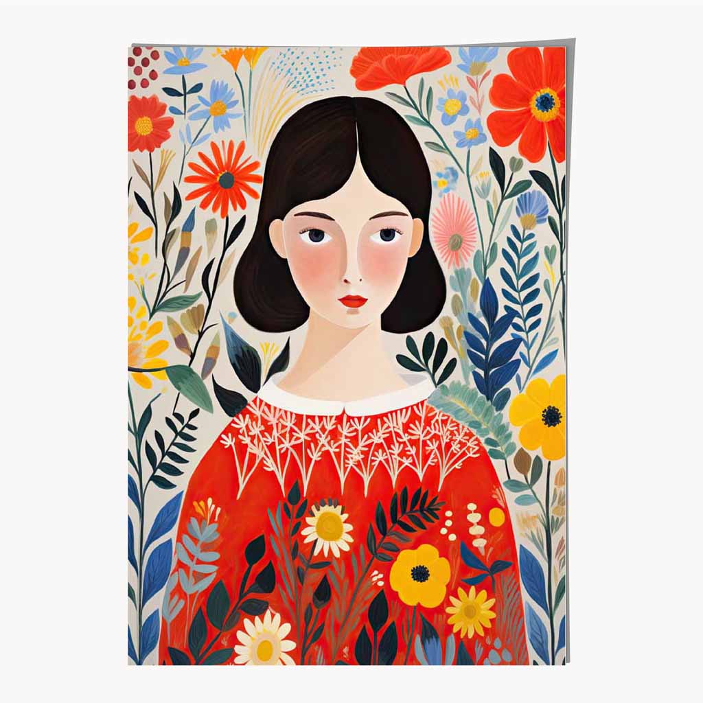 Quirky Bright Yellow, Red Flower Girl No 2  Art Poster | Wall Art Plaza