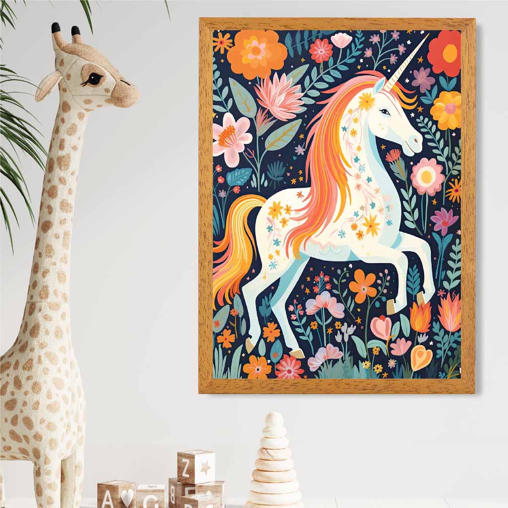 Quirky Folkstyle Pink, Colourful Unicorn  Art Print | Wall Art Plaza