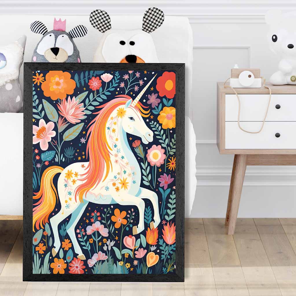 Quirky Folkstyle Pink, Colourful Unicorn  Art Print | Wall Art Plaza