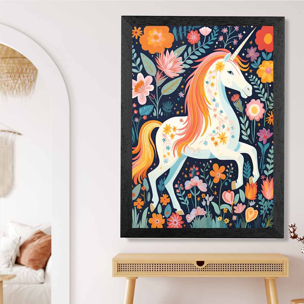 Quirky Folkstyle Pink, Colourful Unicorn  Art Print | Wall Art Plaza