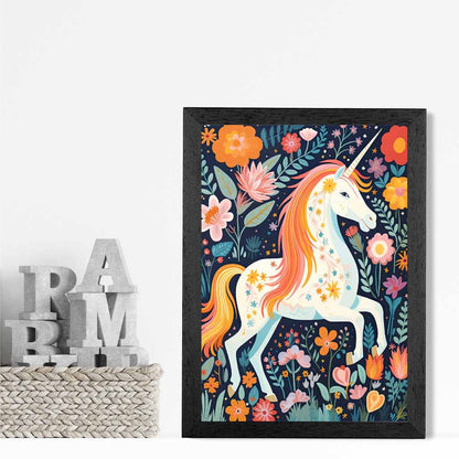 Quirky Folkstyle Pink, Colourful Unicorn  Art Print | Wall Art Plaza