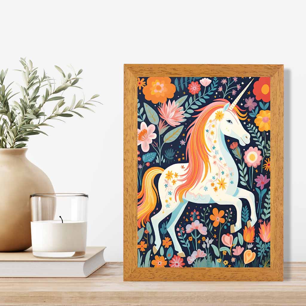 Quirky Folkstyle Pink, Colourful Unicorn  Art Print | Wall Art Plaza