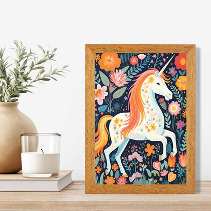 Quirky Folkstyle Pink, Colourful Unicorn  Art Print | Wall Art Plaza