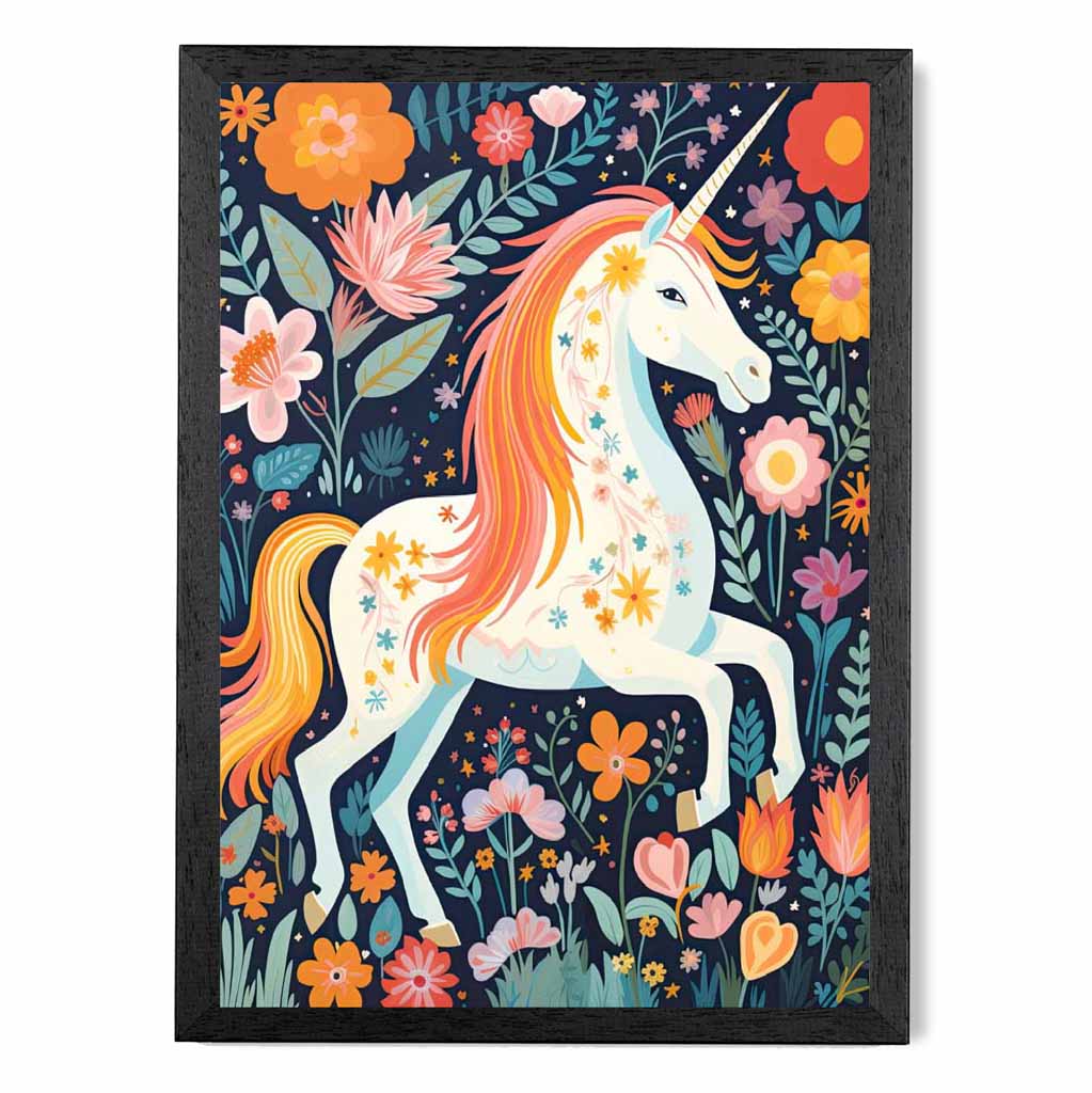 Quirky Folkstyle Pink, Colourful Unicorn  Art Print | Wall Art Plaza