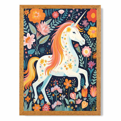 Quirky Folkstyle Pink, Colourful Unicorn  Art Print | Wall Art Plaza