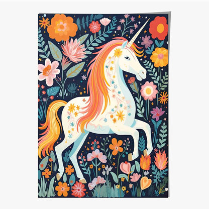 Quirky Folkstyle Pink, Colourful Unicorn  Art Print | Wall Art Plaza