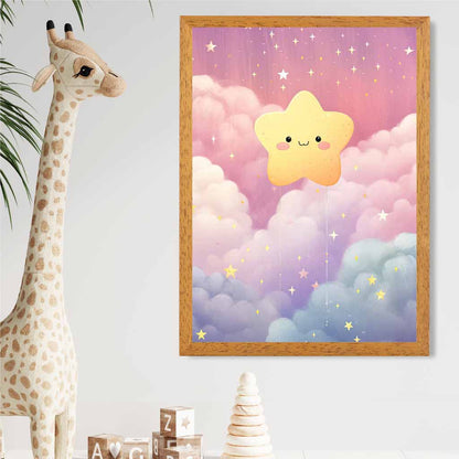 Modern Yellow, Pink Happy Star Nursery Art Print | Wall Art Plaza