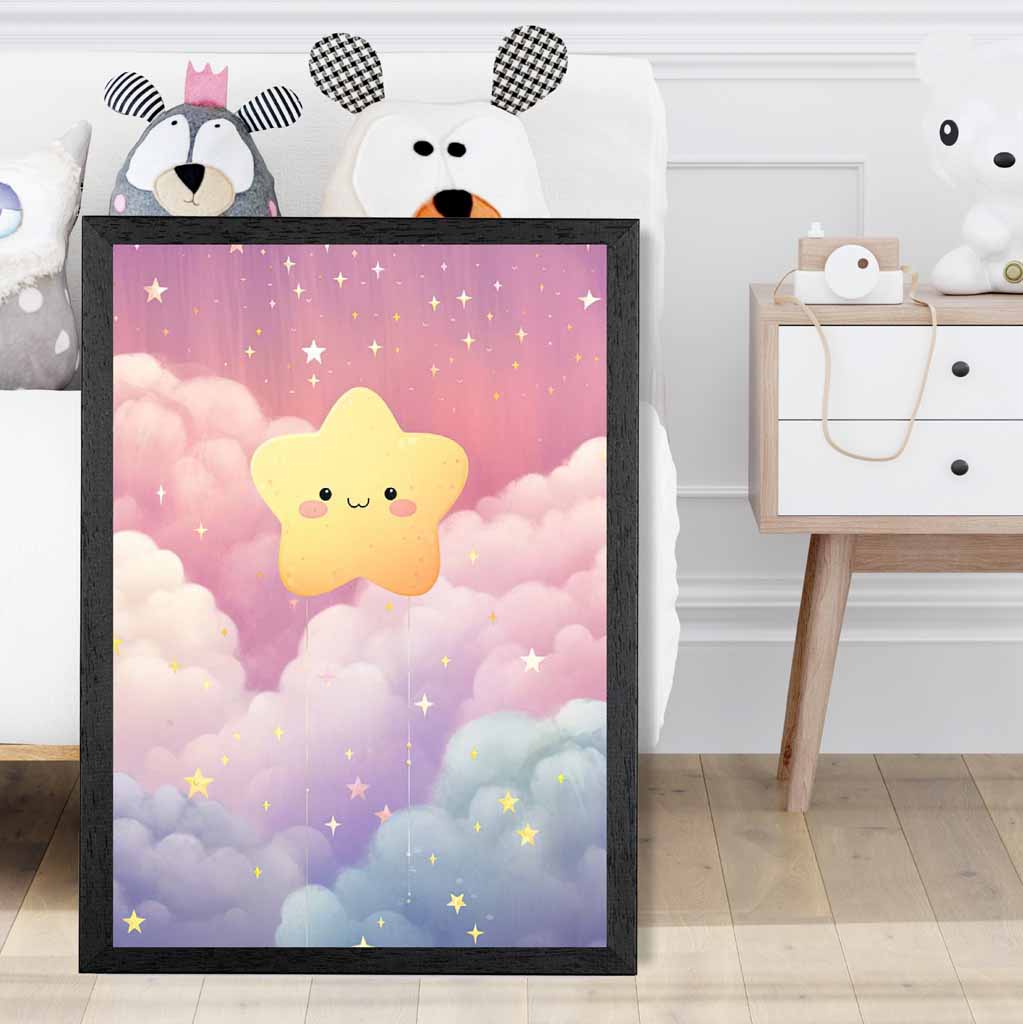 Modern Yellow, Pink Happy Star Nursery Art Print | Wall Art Plaza