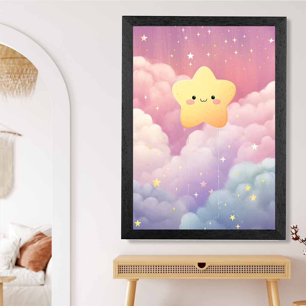 Modern Yellow, Pink Happy Star Nursery Art Print | Wall Art Plaza