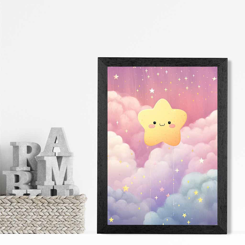 Modern Yellow, Pink Happy Star Nursery Art Print | Wall Art Plaza