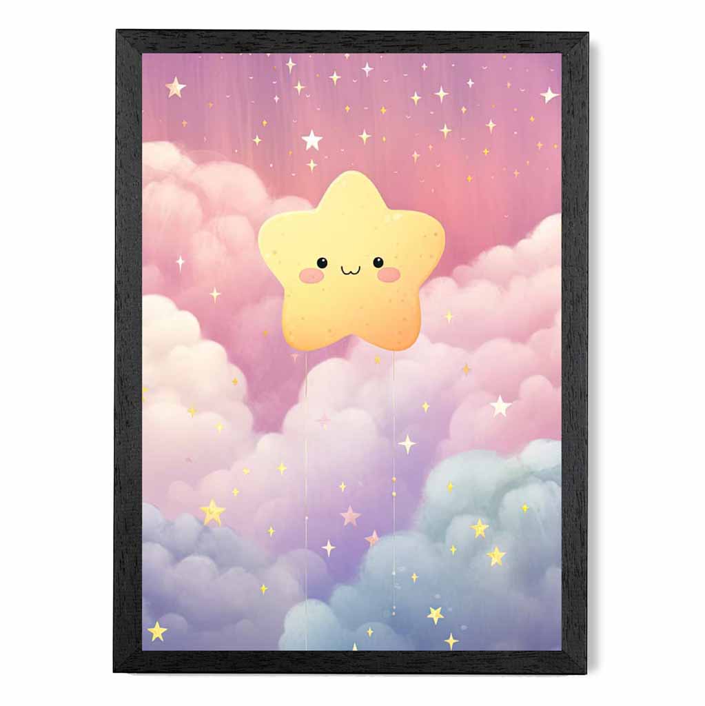 Modern Yellow, Pink Happy Star Nursery Art Print | Wall Art Plaza