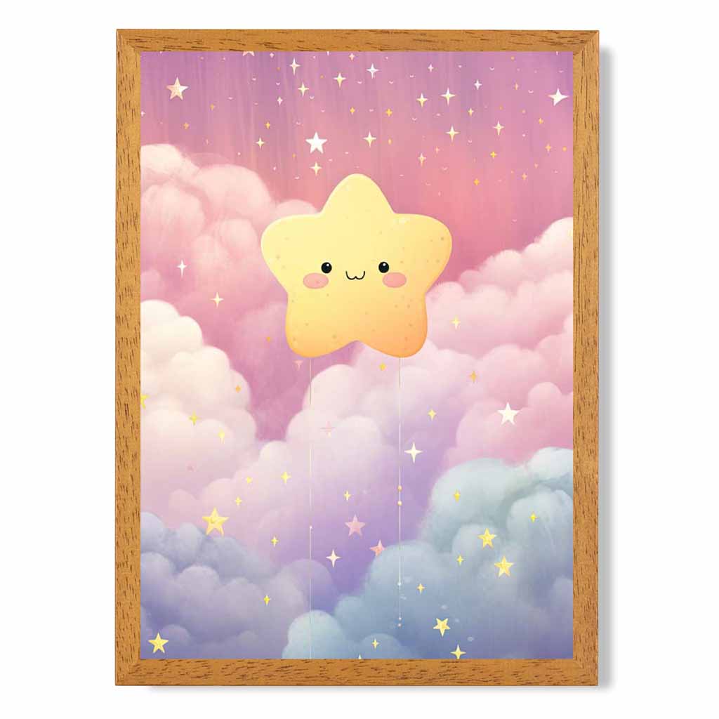 Modern Yellow, Pink Happy Star Nursery Art Print | Wall Art Plaza