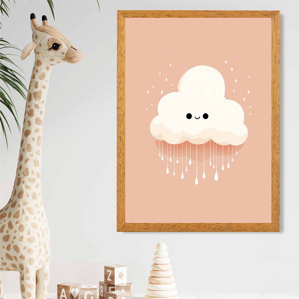 Modern Orange, Pink Happy Cloud Nursery Art Print | Wall Art Plaza