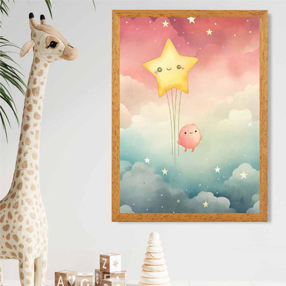Modern Pink, Blue Star Gazing Nursery Art Print | Wall Art Plaza
