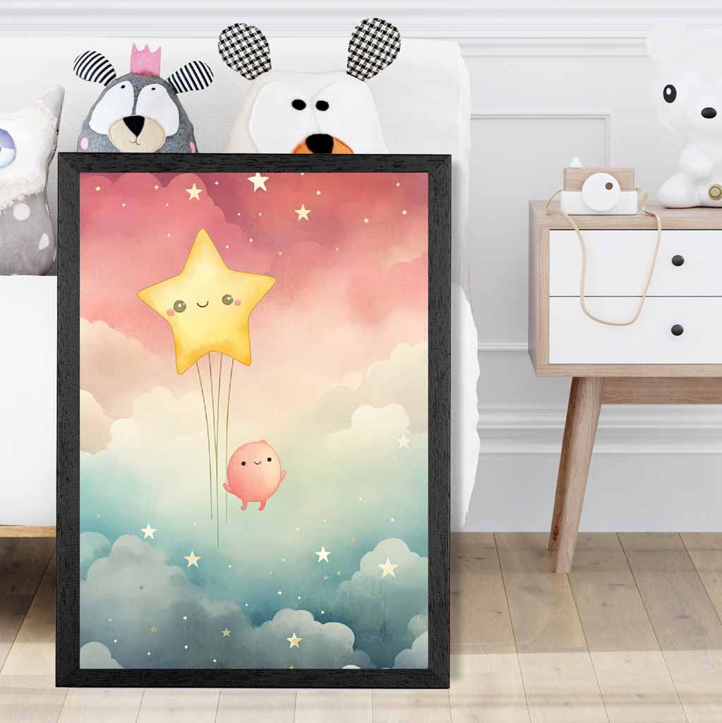 Modern Pink, Blue Star Gazing Nursery Art Print | Wall Art Plaza