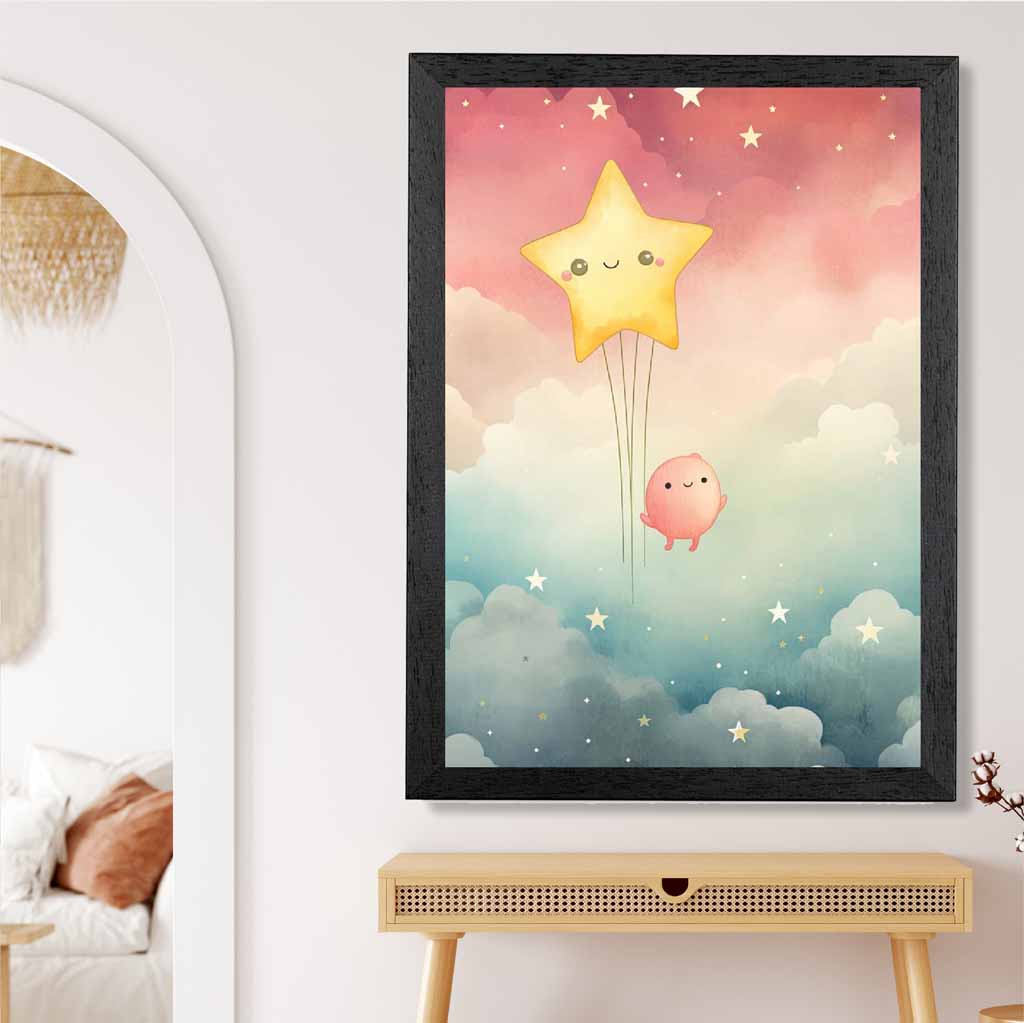 Modern Pink, Blue Star Gazing Nursery Art Print | Wall Art Plaza