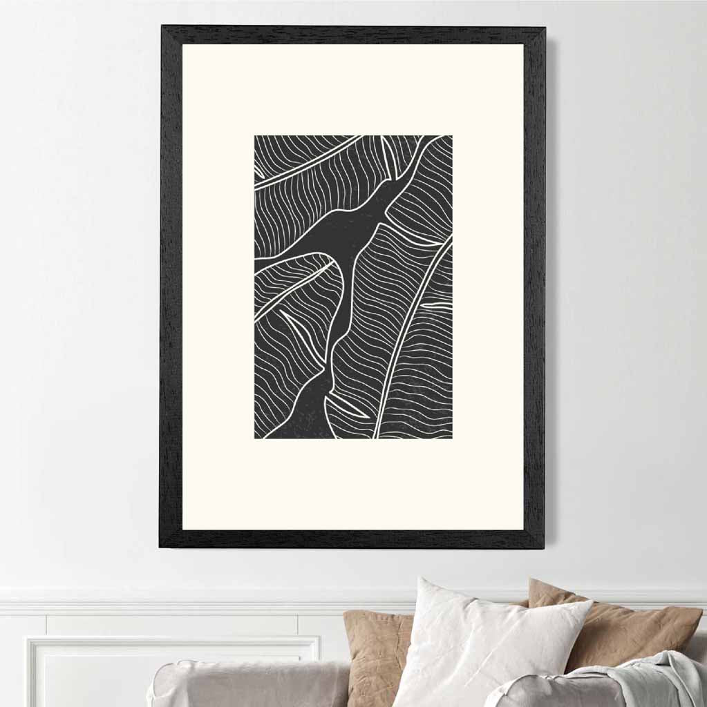 Minimal Line Art Cream, Black Leaf No 2 Art Print | Wall Art Plaza