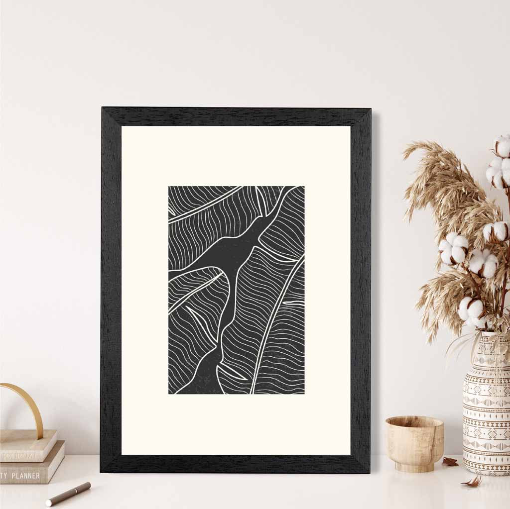 Minimal Line Art Cream, Black Leaf No 2 Art Print | Wall Art Plaza