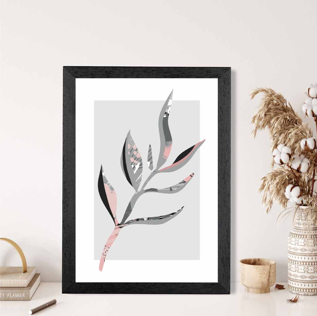 Boho Botanical Grey, Pink Floral Leaf No 4 Art Print | Wall Art Plaza