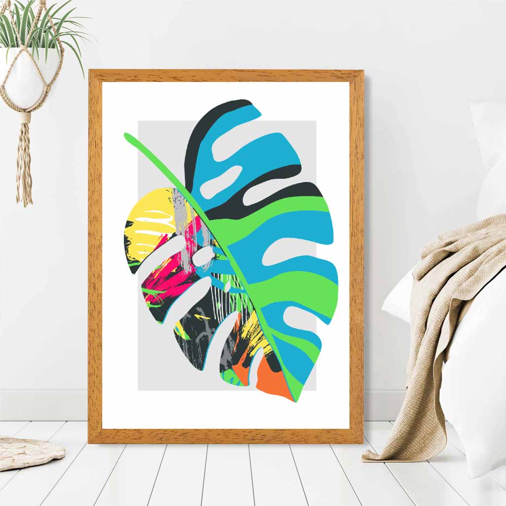 Boho Neon Blue, Green Floral Leaf No 1 Art Print | Wall Art Plaza