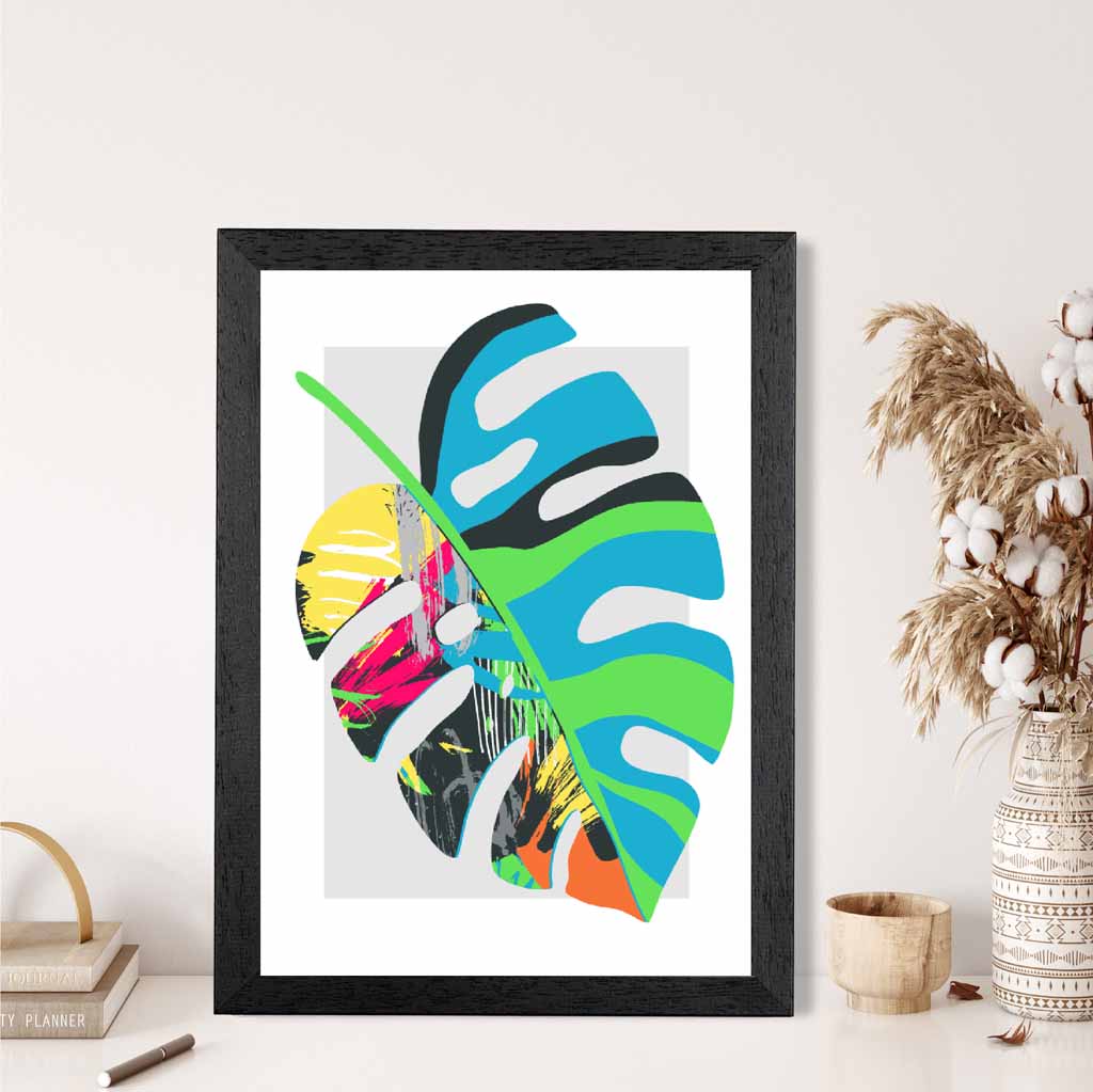 Boho Neon Blue, Green Floral Leaf No 1 Art Print | Wall Art Plaza