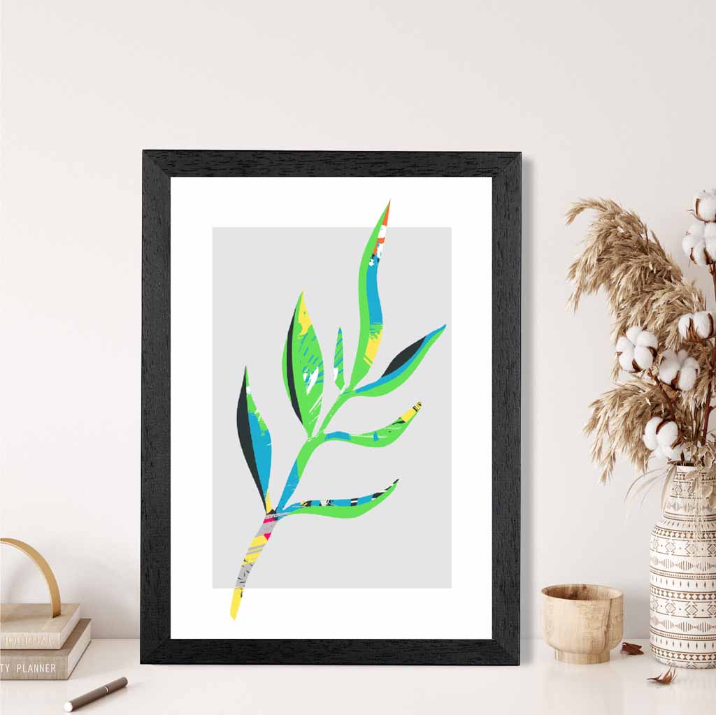 Boho Neon Green, Blue Floral Leaf No 4 Art Print | Wall Art Plaza