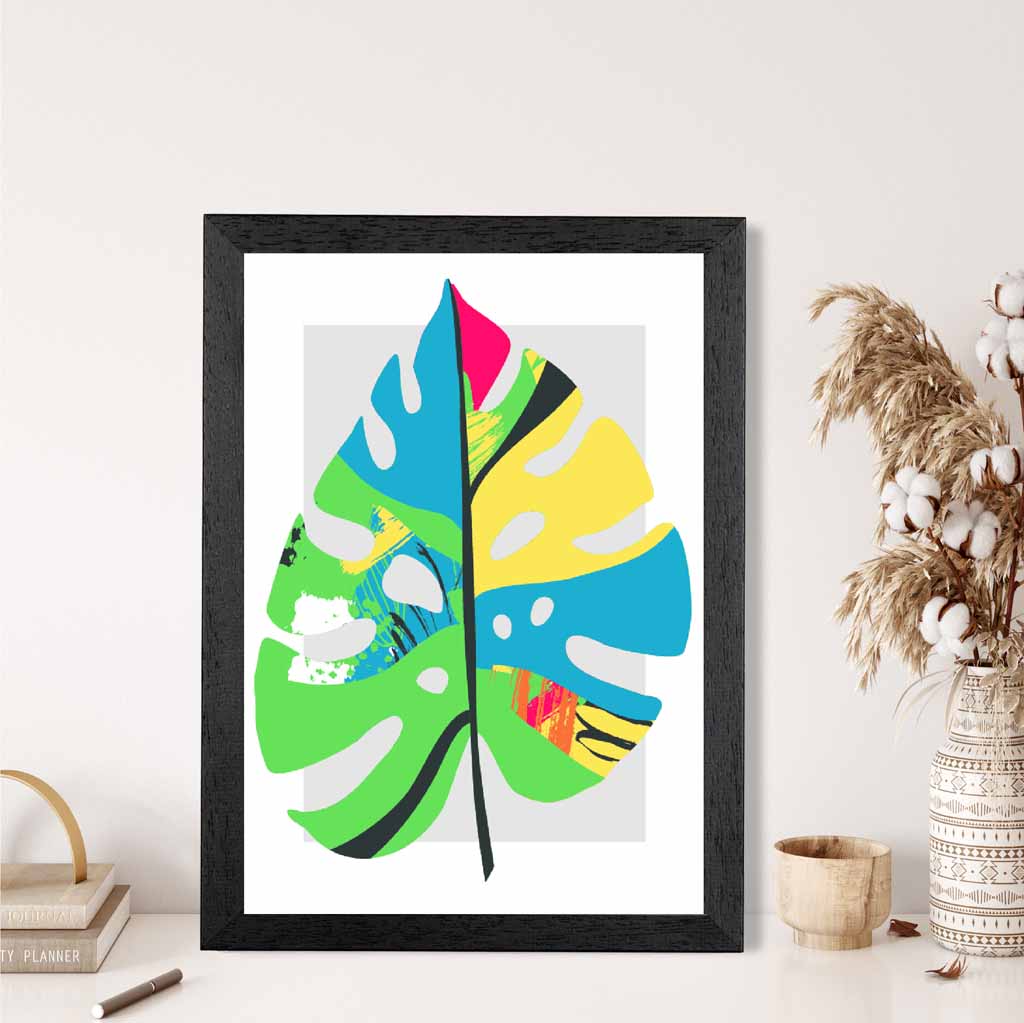 Boho Neon Green, Blue Floral Leaf No 5 Art Print | Wall Art Plaza