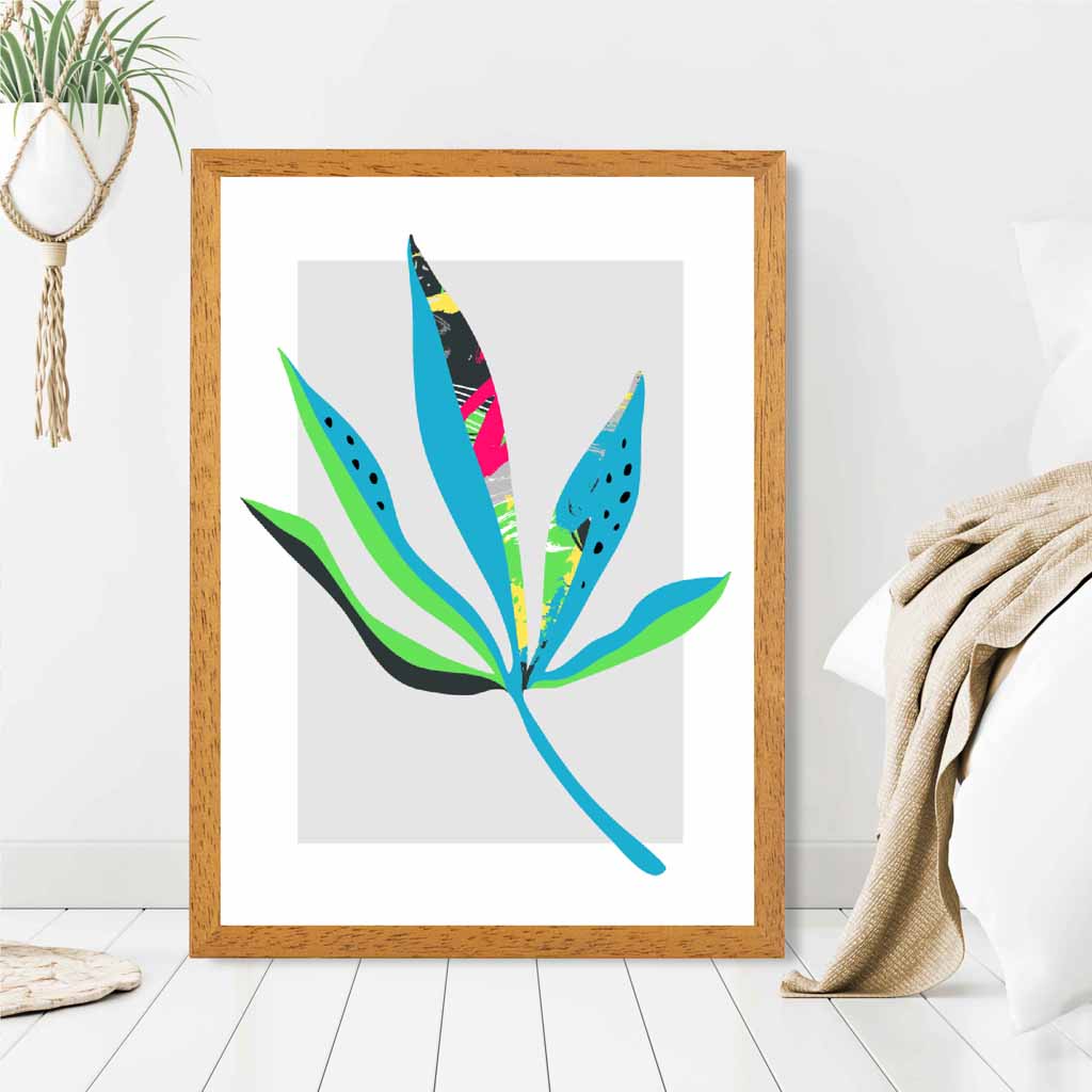 Boho Neon Green, Blue Floral Leaf No 6 Art Print | Wall Art Plaza