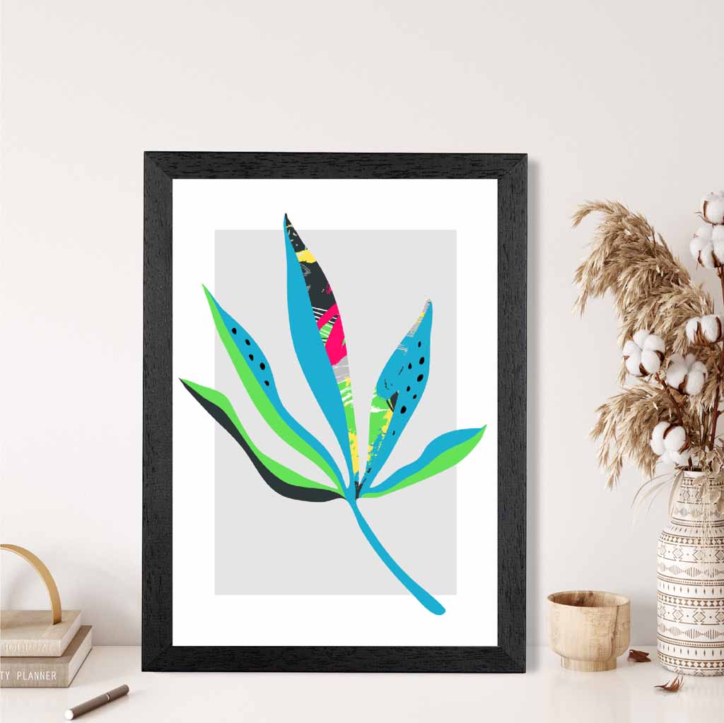 Boho Neon Green, Blue Floral Leaf No 6 Art Print | Wall Art Plaza