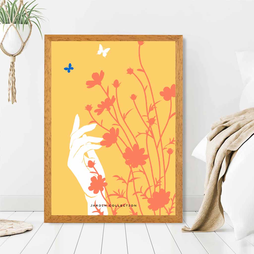 Boho Floral Yellow, Orange Flower Butterfly Art Print | Wall Art Plaza