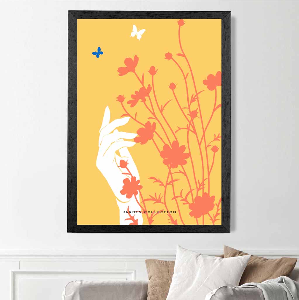 Boho Floral Yellow, Orange Flower Butterfly Art Print | Wall Art Plaza