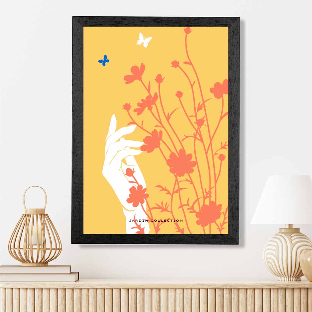 Boho Floral Yellow, Orange Flower Butterfly Art Print | Wall Art Plaza