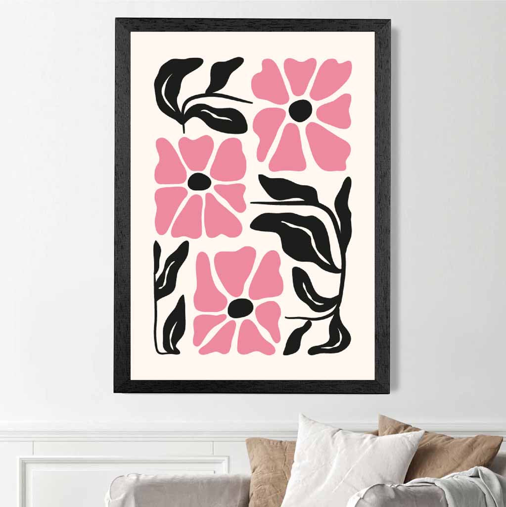 Abstract Modern Pink, Black Flowers No 1 Art Print | Wall Art Plaza