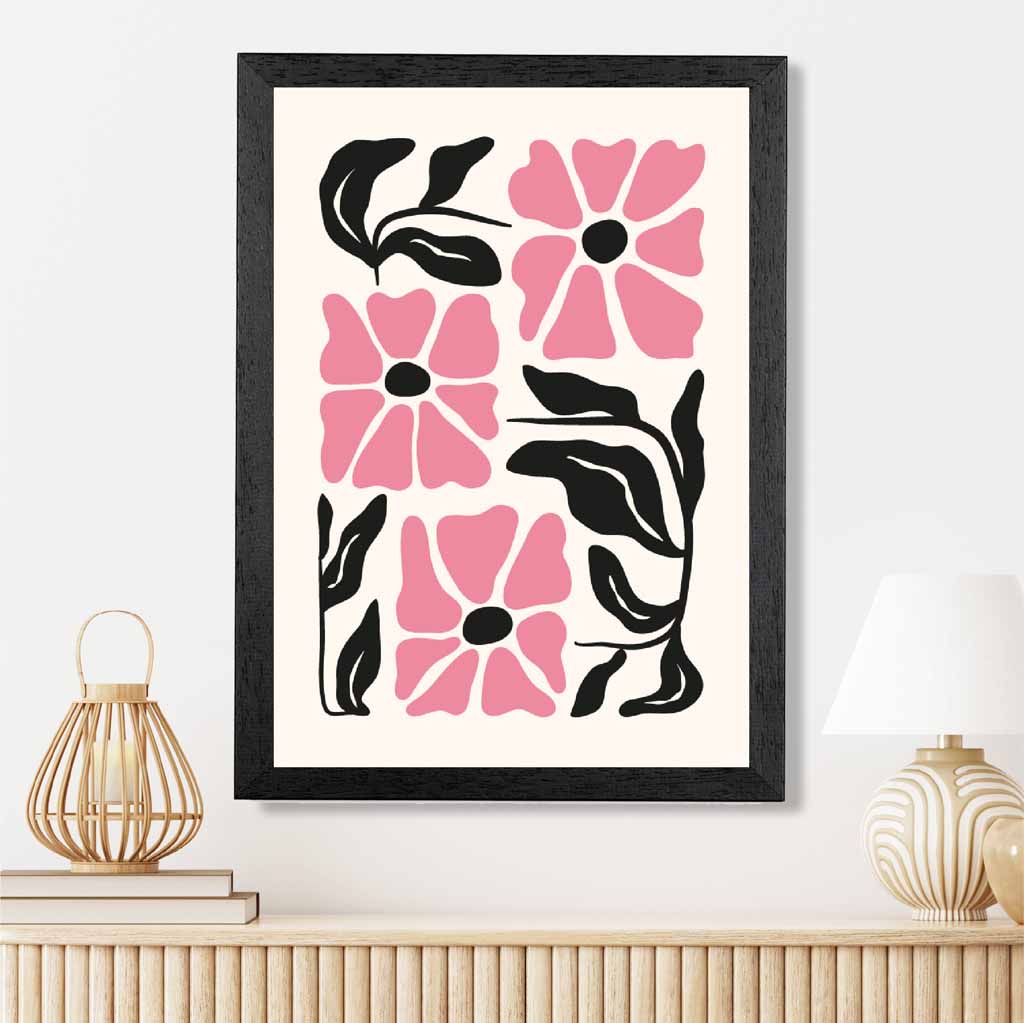 Abstract Modern Pink, Black Flowers No 1 Art Print | Wall Art Plaza