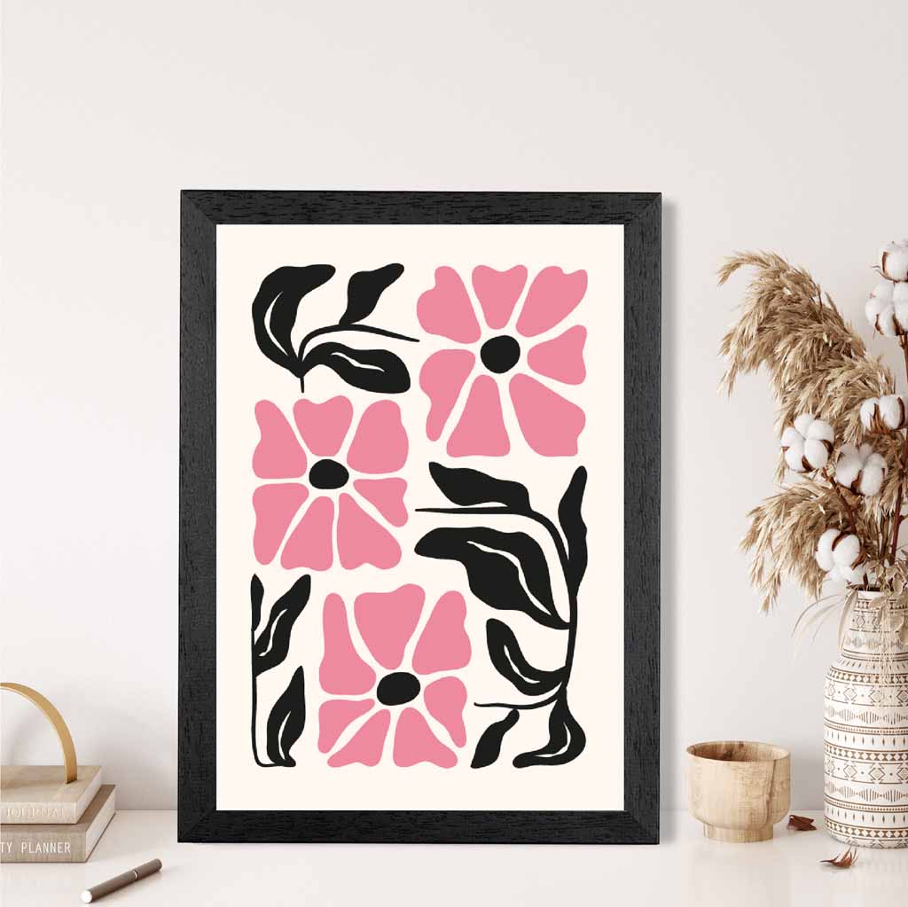 Abstract Modern Pink, Black Flowers No 1 Art Print | Wall Art Plaza